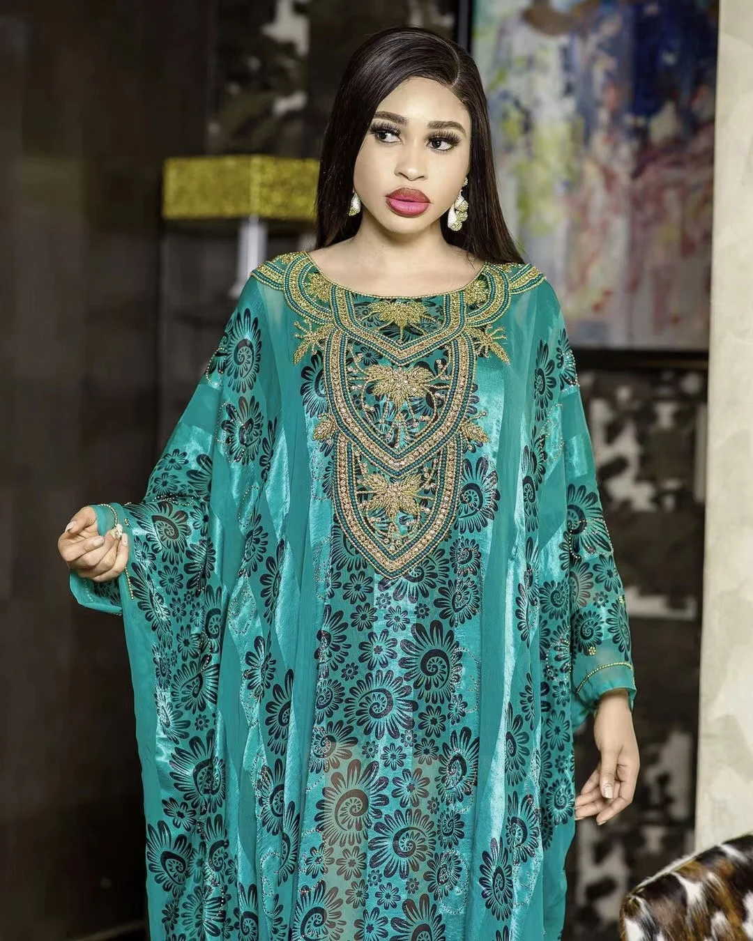 

2022 African national style printing womens islamic clothing luxury rhinestone chiffon casual dresses abaya kaftan style robe, Blue