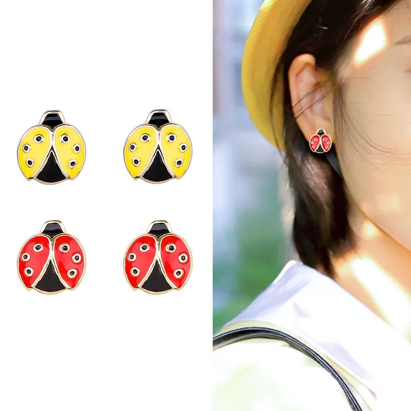 

3D Enamel Ladybug Lady Bettle Small Animal Stud Earrings Korean Retro Ethnic Style Cute Women's Earrings Jewellery, Red/yellow
