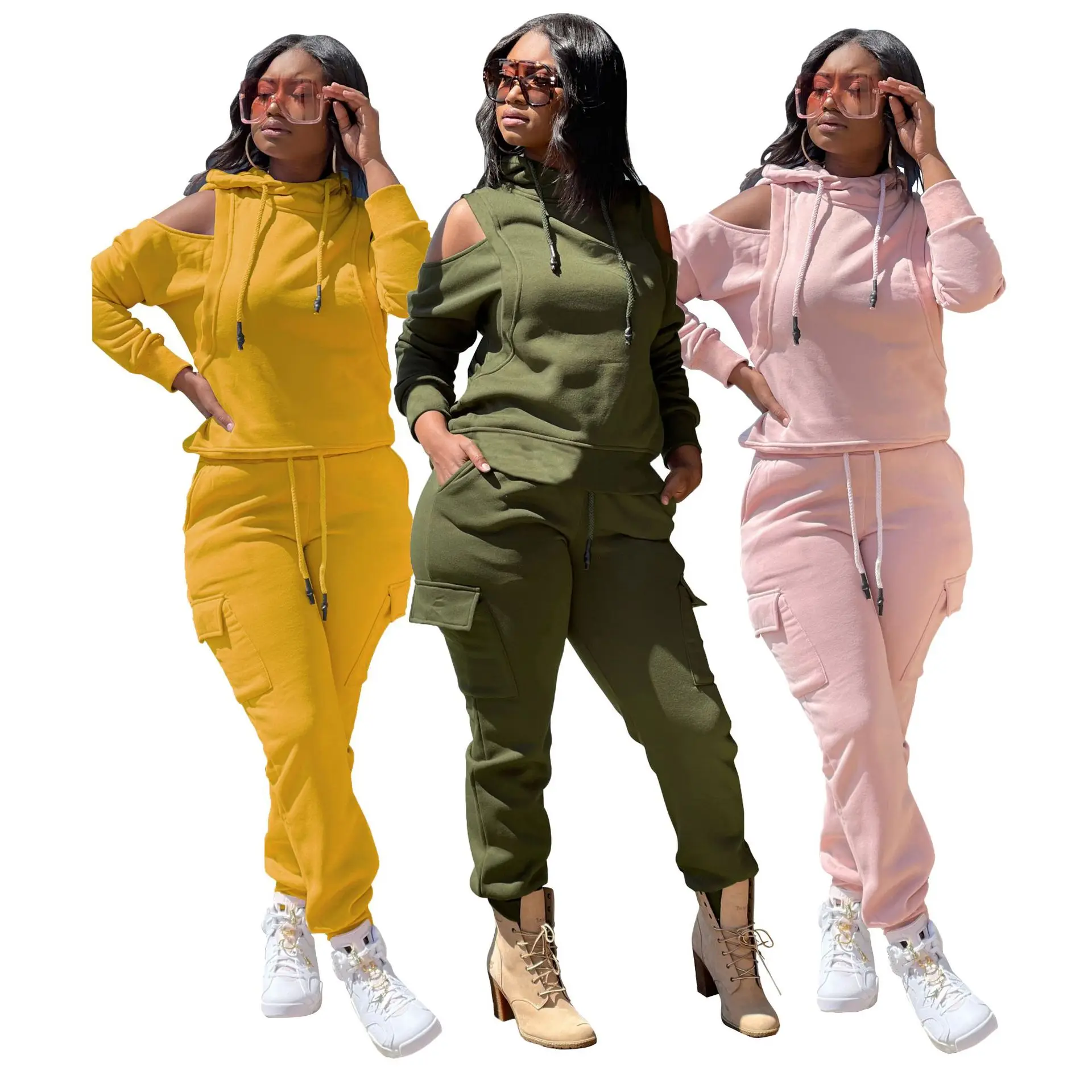 

10908-SW69 new ladies hoodie long sleeve sexy off-shoulder pants two piece set casual sport women sehe fashion, 3 colors