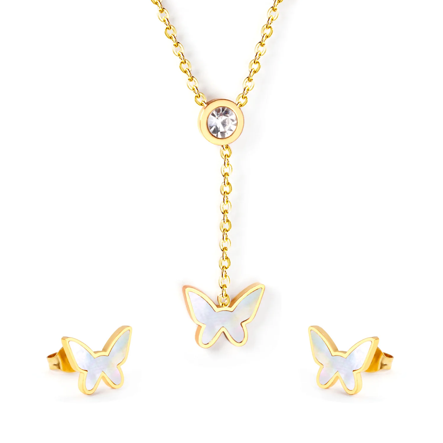 

Fashion 18k Gold Shell Butterfly Stainless Steel Jewelry Sets Pendant Necklace Earring Women Jewelry Sets 2021, Picture