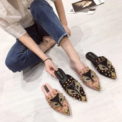

Pointed Rhinestone Fox Muller Shoes Flat Casual Women's Sandals and Slippers, As pictures