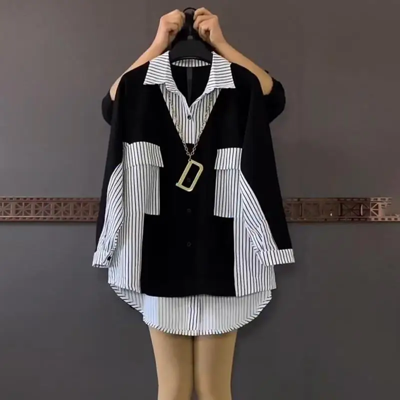 Wholesale 2026 Spring Oversized Loose Slim Medium Length Contrast Striped Shirt Simple Daily Top Westernized Shirt