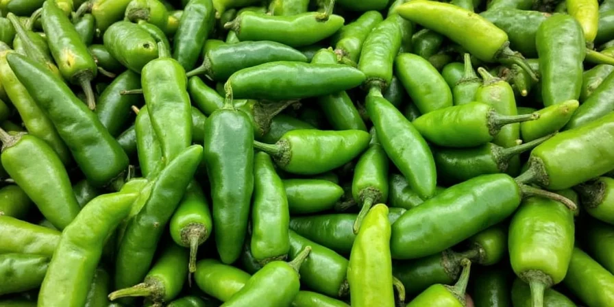 Fresh serrano peppers in a market stand