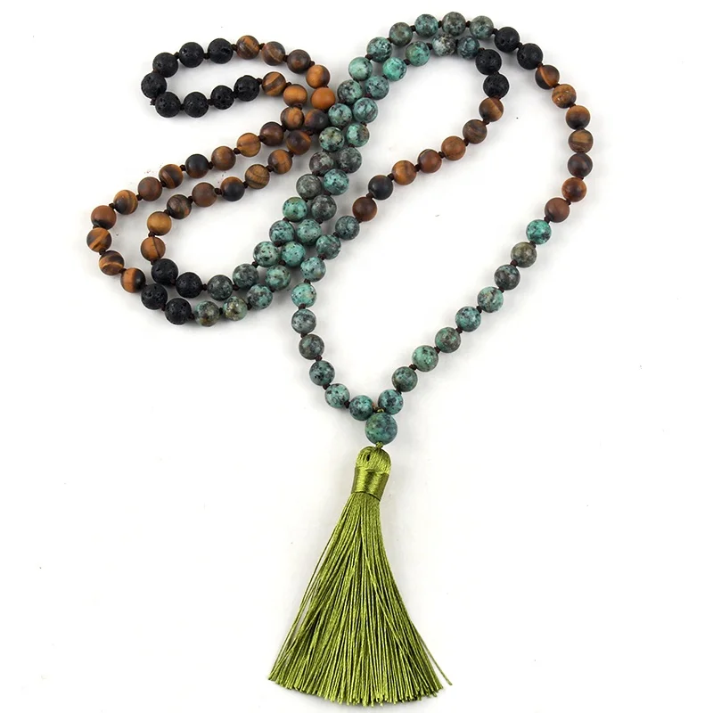 

Religious Tiger Eye Black Lava Gemstone Africa Turquoise Tassel Pendant Necklace Yoga 108 Beads Mala Necklace Western Jewelry