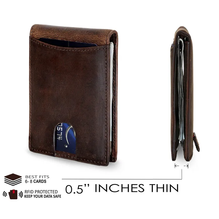 

Full Grain Crazy Horse Leather Slim Men's RFID Front Pocket Wallet with Money Clip