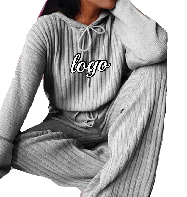 

Custom Logo Cozy Two Piece KNIT Sweater Pants Set Ribbed Lounge Set Track Suit Leisure Wear Sweater Set Outfit Lounge Wear