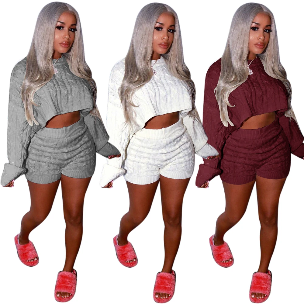 Amazon hot style new fashion short cropped top two pieces sweater set women