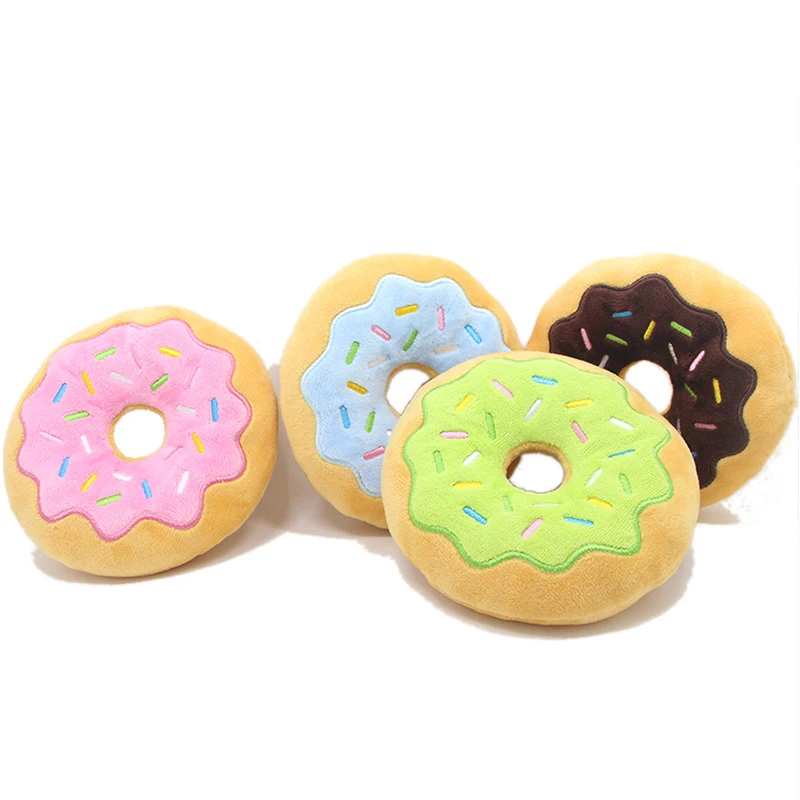 

New Brown Pink Blue Green Donut Plush Toys Pet Dog Squeaky Toy Dog Toys Chew