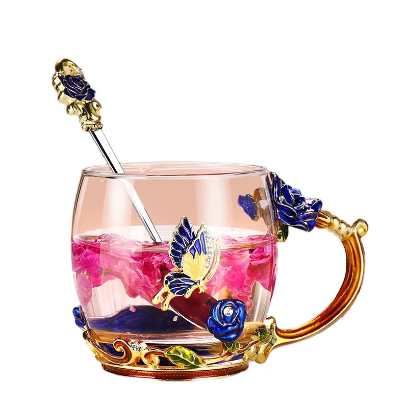 

European style crystal glass enamel rose flower tea cup Made Of Crystal saucer spoon sets, Transparent