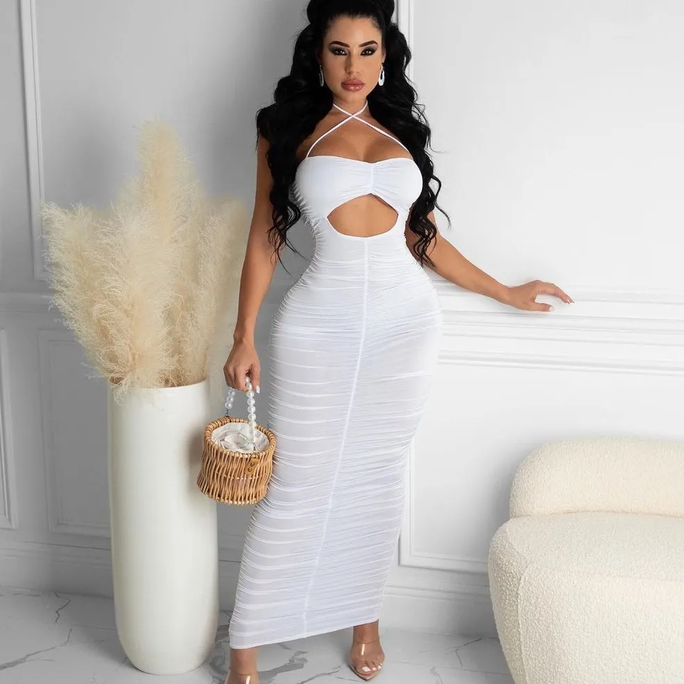 

Pure Color Hollow Out Ruched Cross Maxi Backless Dress Elegant Solid Cut Out Pleated Long Female Casual Daily Wear Halter Dress, Pink,black,white
