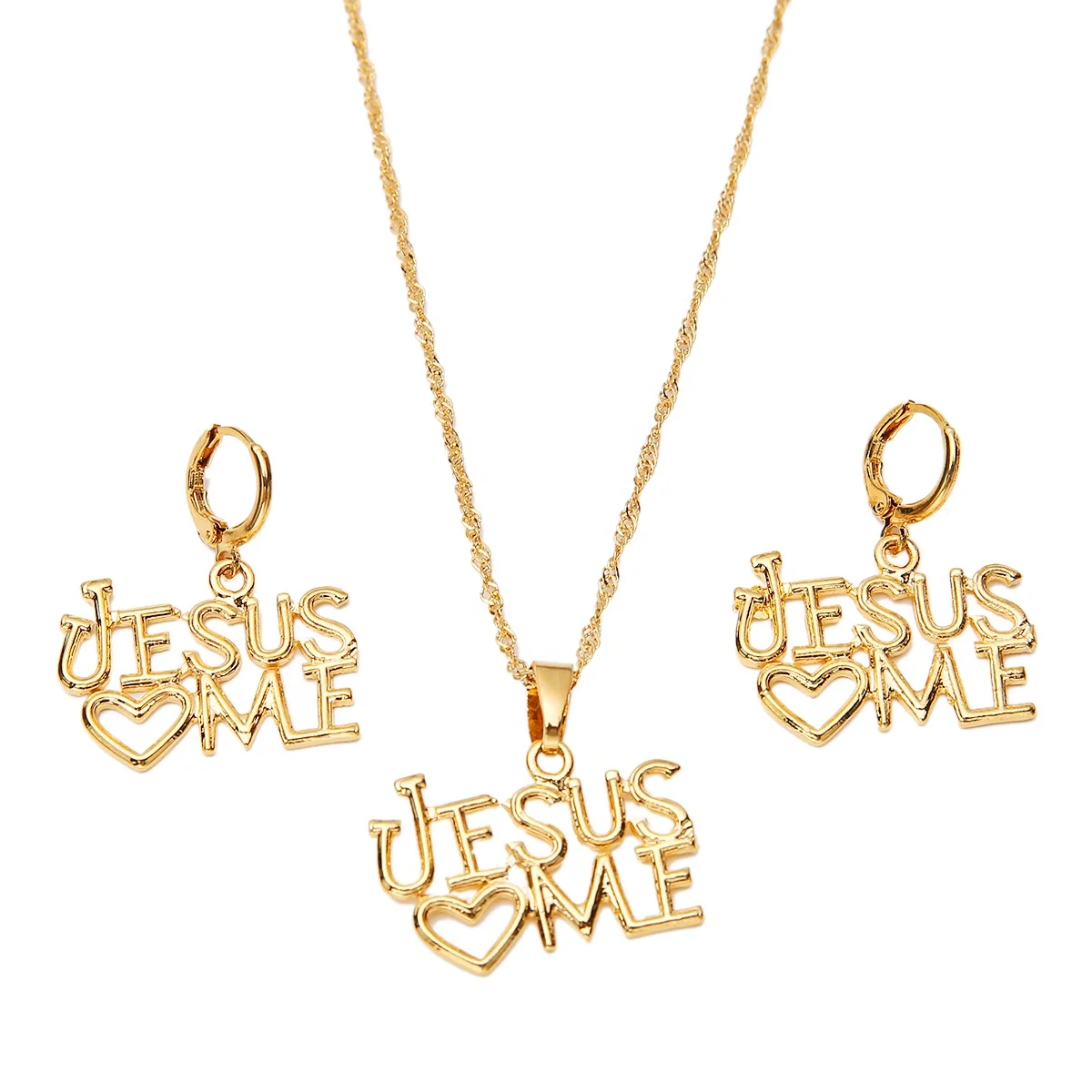 

Jesus Love Me Pendant Necklace Earrings Christ Savior Redeemer Deliverer Jesus Gold Color Women Jewelry Set