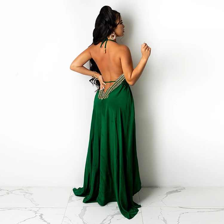 

Alluring Sleeveless Backless Halter Deep V Neck Women Long Gown Dress Elegant High End Evening Dresses -PT, Green,blue,orange