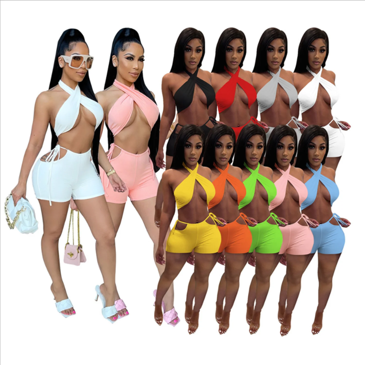 

2021 New Arrival Sexy Soild Color Crop Top Bandage Hollow Biker Shorts Women 2 Piece Set Clothing For Summer