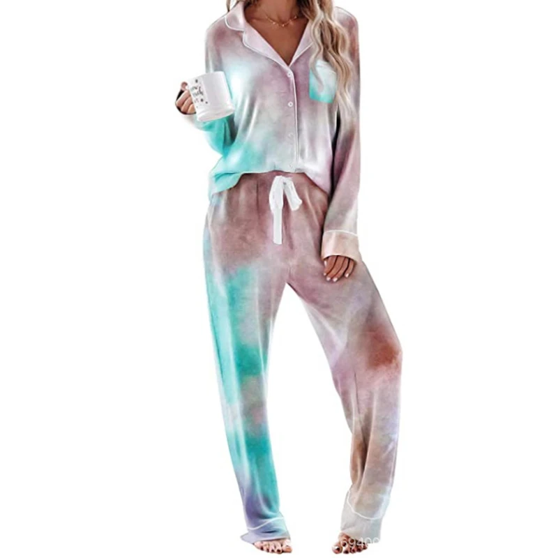 

JULY'S SONG Tie-dye Women's Loungewear Casual Long Sleeve Elastic Waist Ladies Pajamas Set Spring Fall 2 Pcs Cotton Sleepwear, Pink;blue;green;white;gray;burgundy