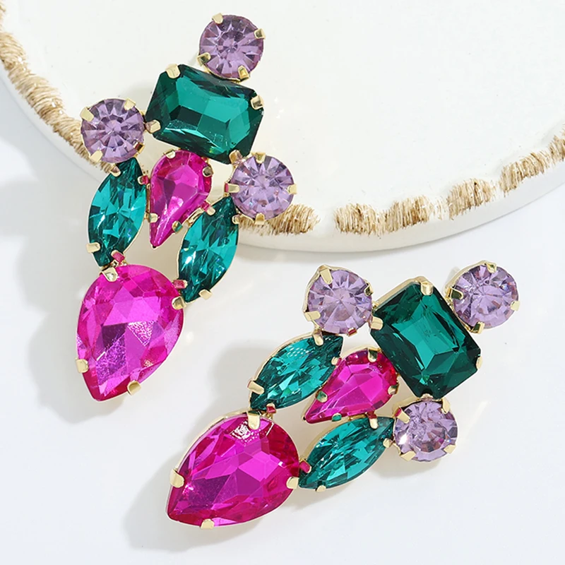 

Dvacaman 2021 Fashion 3 Color Multicolored Rhinestone Acrylic Gold Flower Statement Drop Dangle Earrings Jewelry Women Wholesale