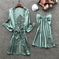 

Sexy Fashion Pajamas Woman Robe Set Ice Silk Long Sleeve Pijama 2 Pcs Solid Color Design With Chest Pad Sleepwear