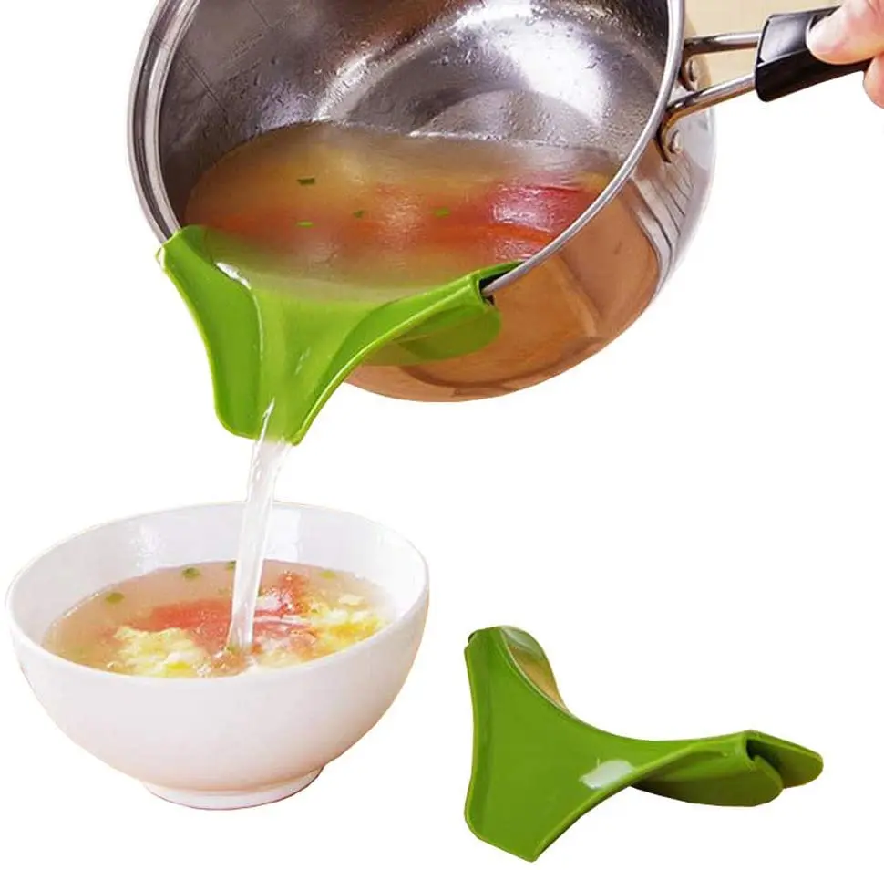 

N1205 Anti-spill Silicone Slip on Pour Soup Spout Funnel for Pots Pans Kitchen Gadget Tool Portable Silicone Liquid Funnel, Green