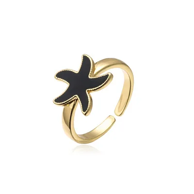 

Wild Enameled Starfish Shape Opening Finger Rings Simple Real Gold Plated Black White Enamel Starfish Rings For Girls