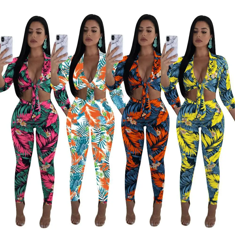 

2020 Fashion Hot Sale European and American Sexy Women's Clothing Printed Chest Tie Two-piece Suit Fallen Leaves Printed Suit