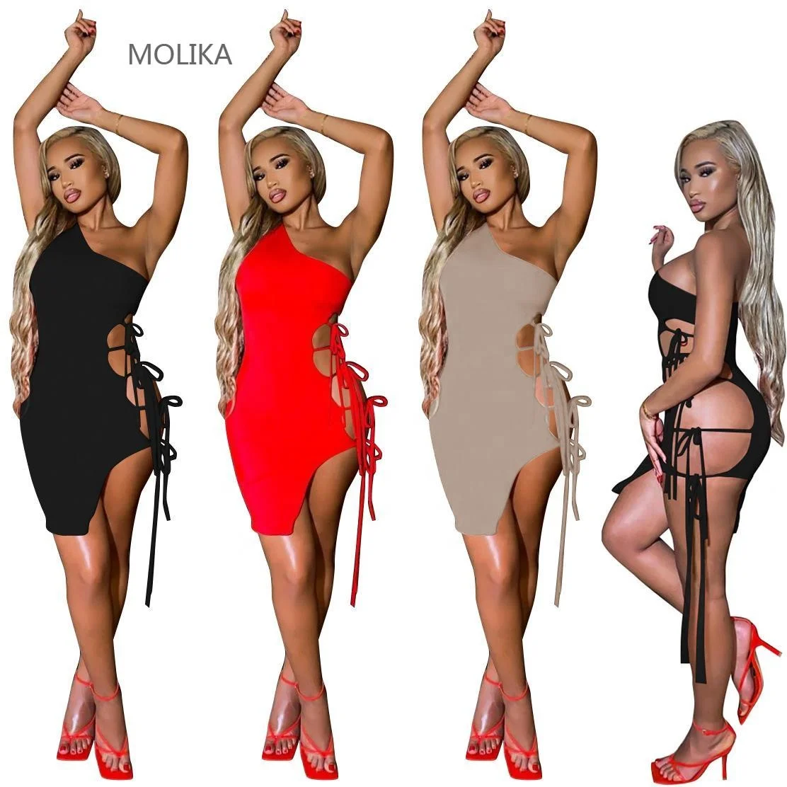 

2021 New arrivals women clothing off-shoulder bandage single sleeve bodycon mini dress sexy club wear summer dress women, 3 colors