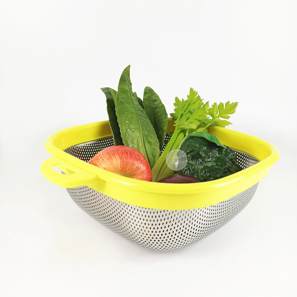 

LIHONG Eco-friendly food grade Big size 40cm Stainless Steel Metal Twin Handled Deep Colander strainer bowl, Yellow