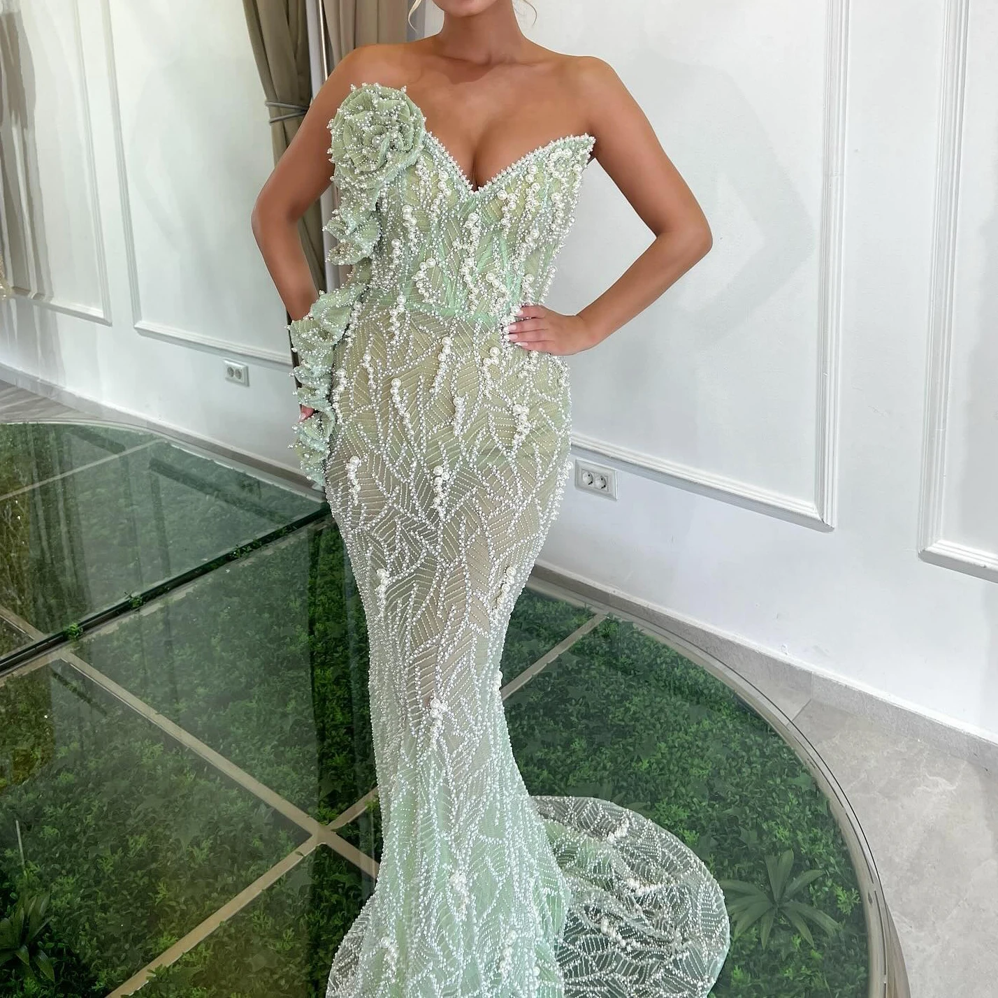 Elegant Floral Pearl Sequin Mermaid Gown