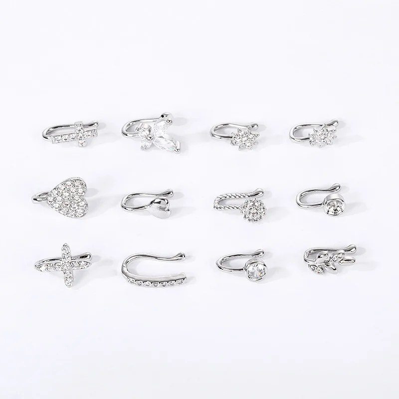 

12PCS Fashionable Rose White Gold Plated Ear Nose Cuff for Non Pierced Nose Piercing Jewelry CZ Septum Hoop Earrings Men Women