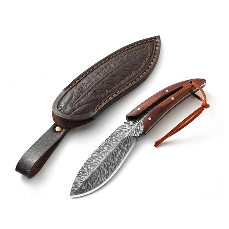 

feather damascus fixed blade knife camping hunting full tang knife ebony wooden handle leather pouch Chef Knives Cooking