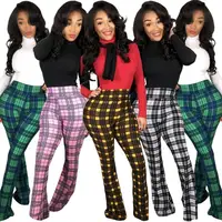 

MF7242 women fashion casual plaid long flare pants