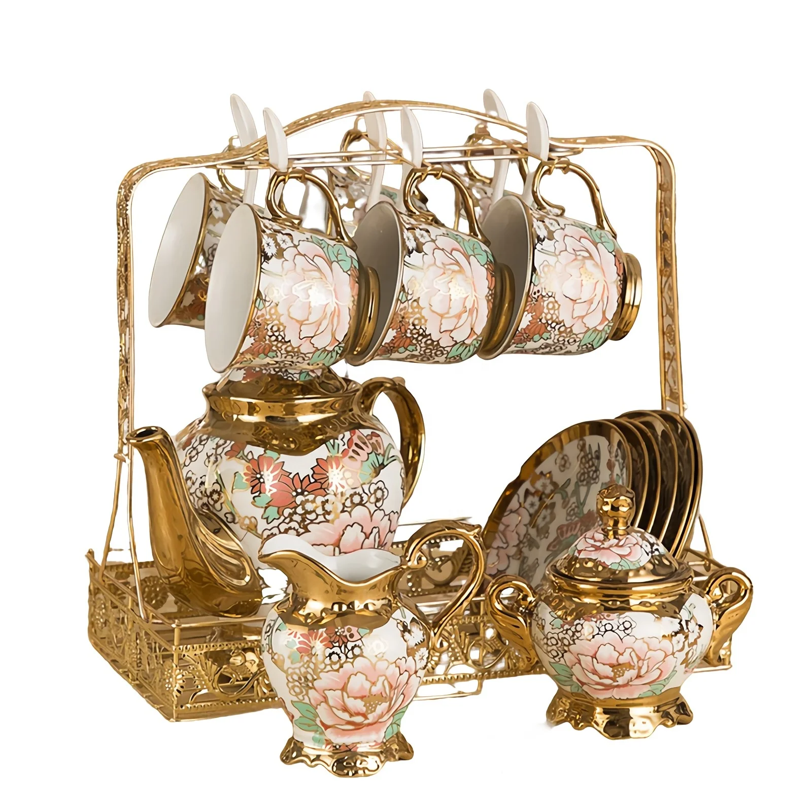 

Luxurious China Porcelain Coffee Tea Set with Cups Saucers Spoons Pot Milk Jug and Sugar Bowl for Home Wedding Afternoon Party
