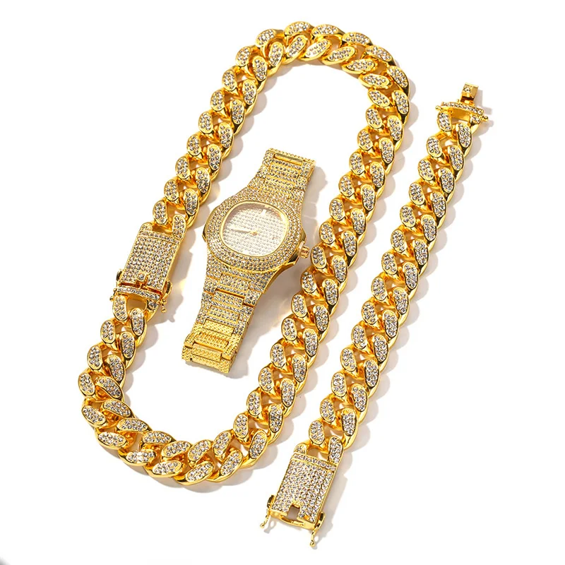 

Gold Plated Cuban Chain Necklace With Bracelet Watch Iced Out Hip Hop Jewelry Set For Men, As the picture shown