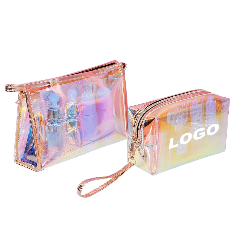 

Low MOQ Luxury customized Logo Print Fashion Clear makeup bag Transparent Laser Cosmetic Pouch Holographic cosmetic bag