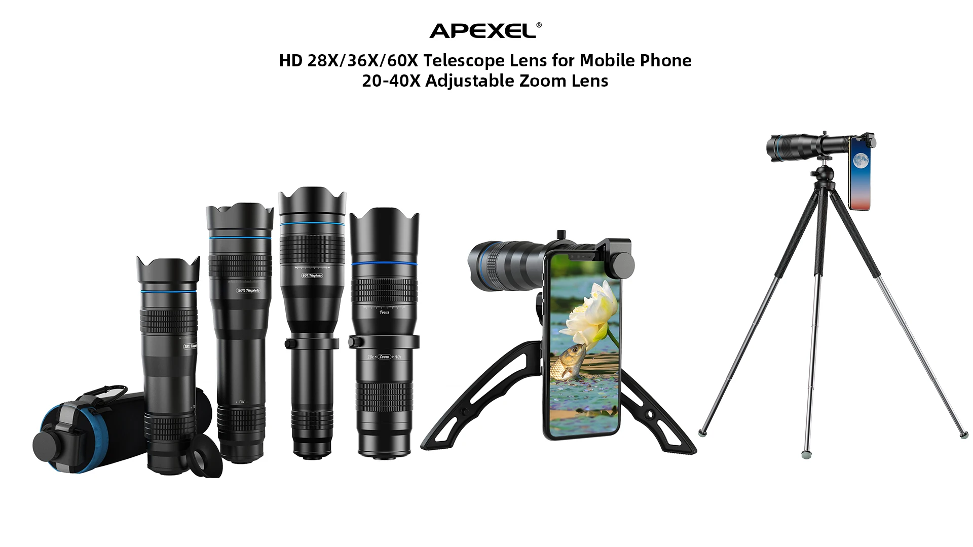 Apexel Lens Kit 22x Telescope 198 Degree Fisheye 0.63x Wide Angle 15x