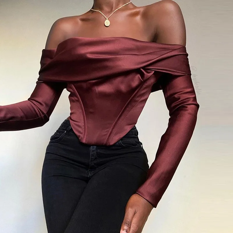 

Elegant Fashion Off Shoulder Tops Long Sleeve Satin Shirt Women Senior Club Party Blouse