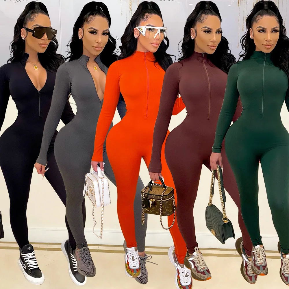 

PDEP hot sale sexy tight ladies fitness elegant jumpsuit women one piece jumpsuit winter casual 2022, Black,grey,orange,brown,green