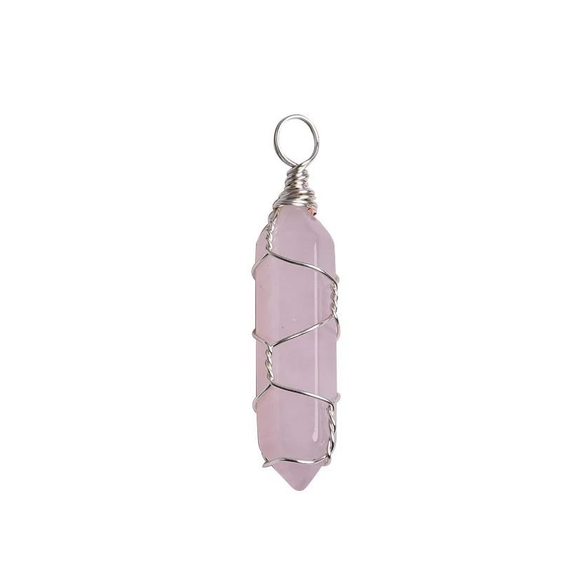 

Hot Selling Natural Crystal Pendant Rose Quartz Bullet Winding Pendant Crystal Point Necklace Crystal Quartz Healing Point, Pink