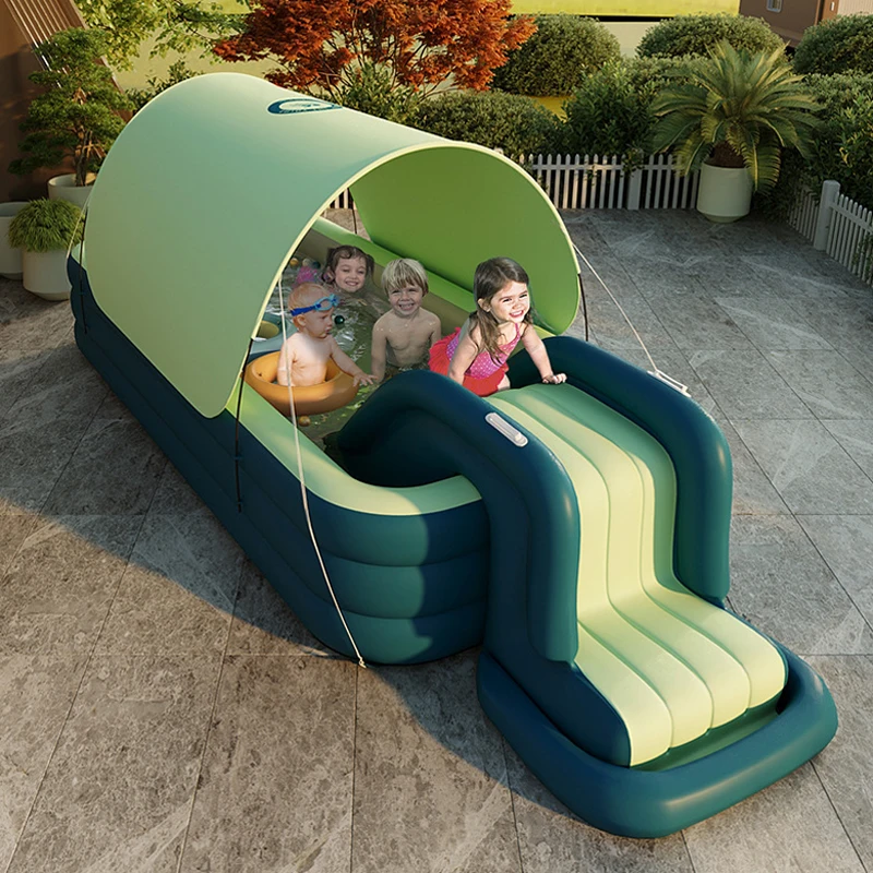 

Wireless automatic inflatable swimming pool family with sunshade inflatable water slide pool for summer fun, Yellow and green