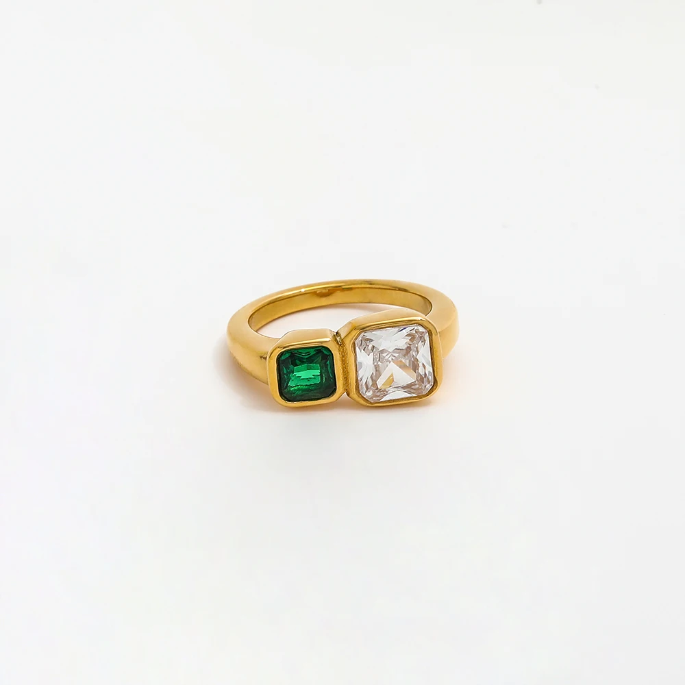 Joolim High End 18K Gold Plated Stainless Steel Two-tone Square Zirconia Rings for Women Finger Ring Fashion Jewelry Wholesale