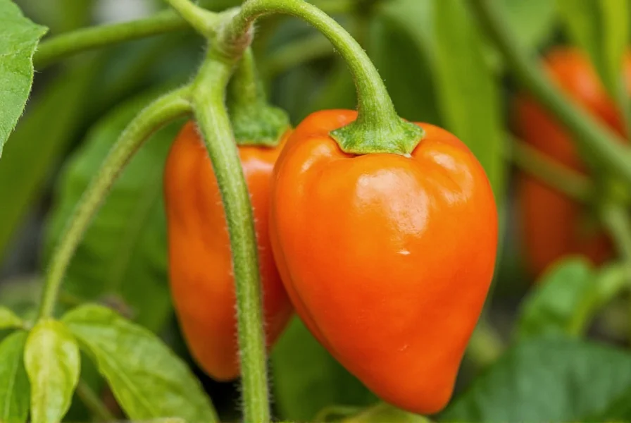 Close-up of vibrant orange scotch bonnet peppers growing on plant with characteristic wrinkled skin and lantern shape