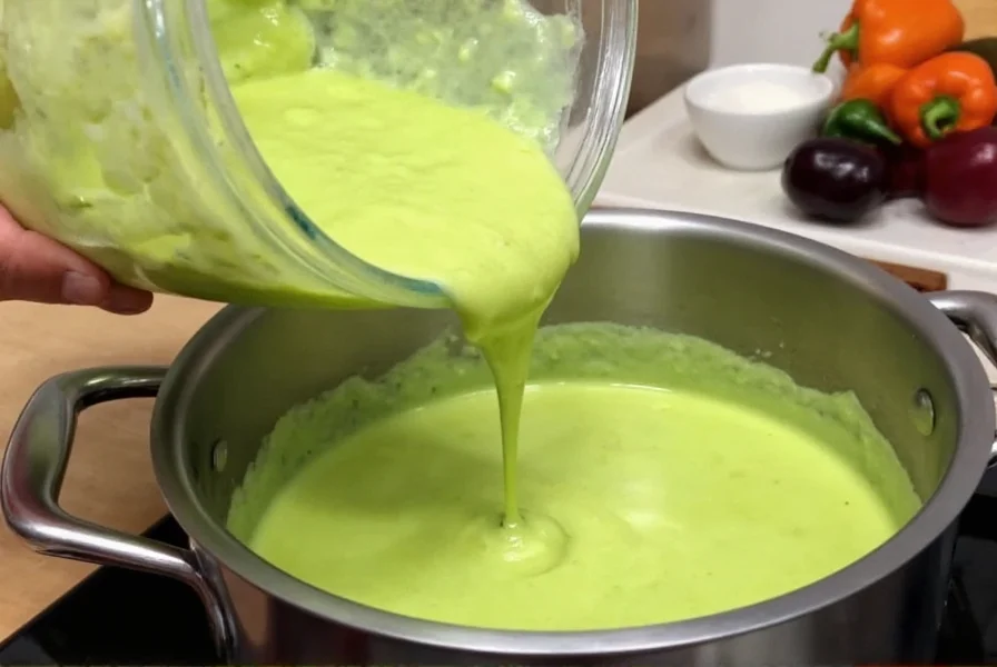 Smooth green poblano cream sauce being poured from blender into saucepan, with roasted peppers and cream ingredients visible