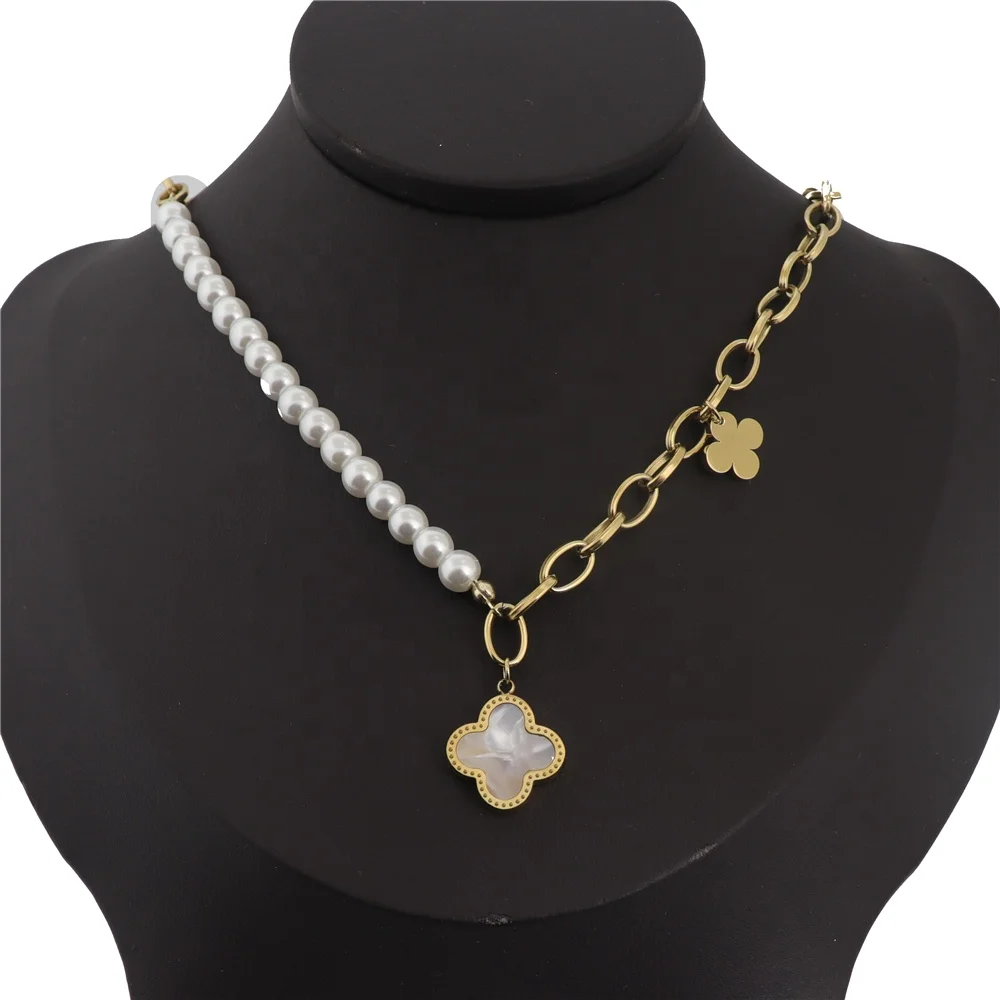 

Freshwater Pearl Stainless Steel Gold Plated Womeb Trendy Double Sized Clover Shell Stone Necklace 18K Luxury Necklace