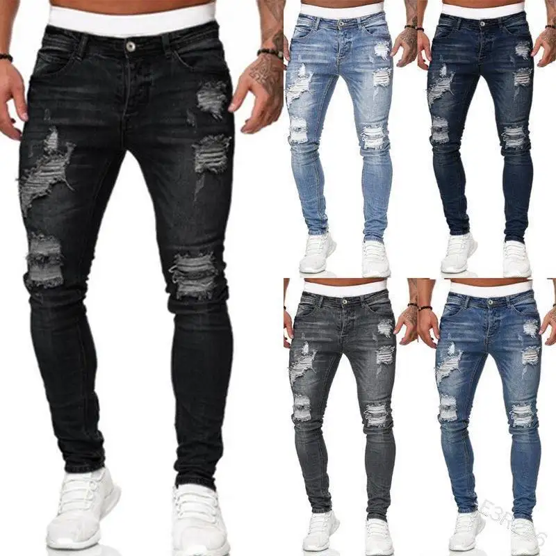 

W&A W 2021 autumn mens fashion ripped denim trousers skinny jeans casual wear long pants plus size pantalon, As picture