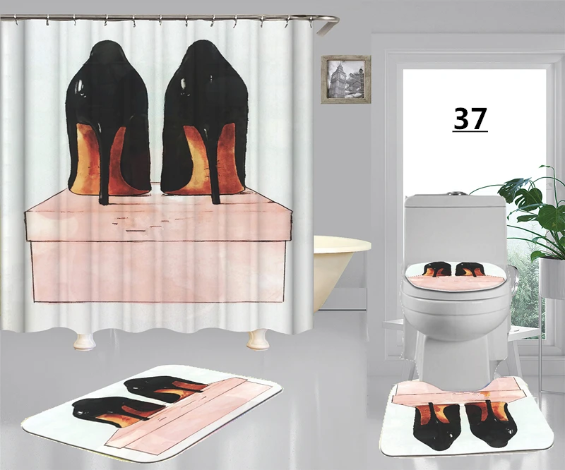 

Retro High Heel Print Bath Curtain Toilet Seat Set For European Room Decoration