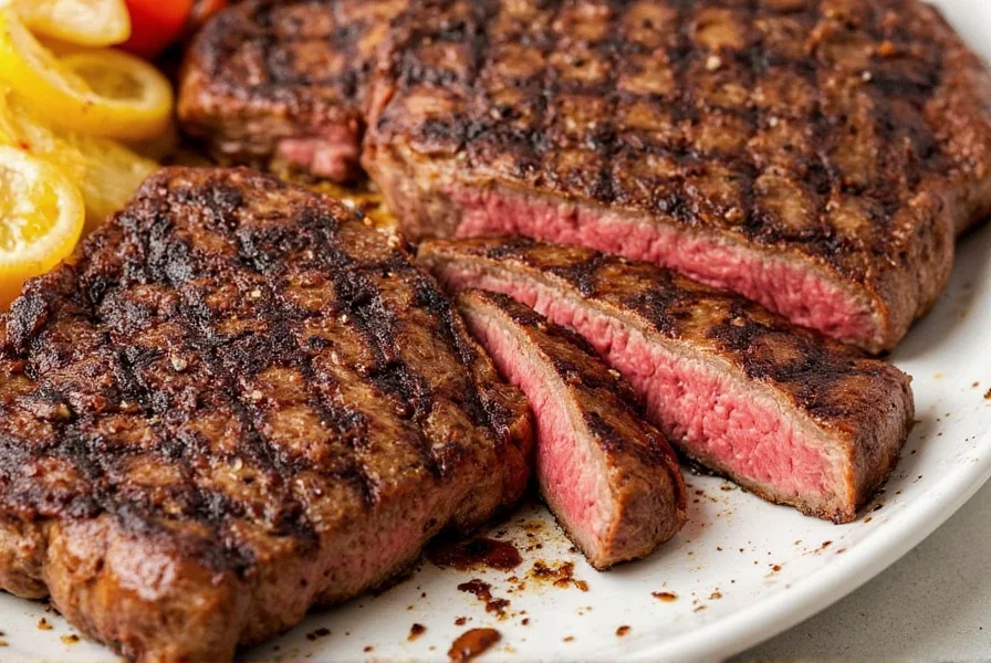 Sliced grilled skirt steak served on platter