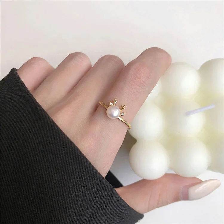 

925 Silver Cute Elk Pearl Ins Opening Adjustment Ring Ring Christmas Creative Jewelry Women Rings, Picture shows