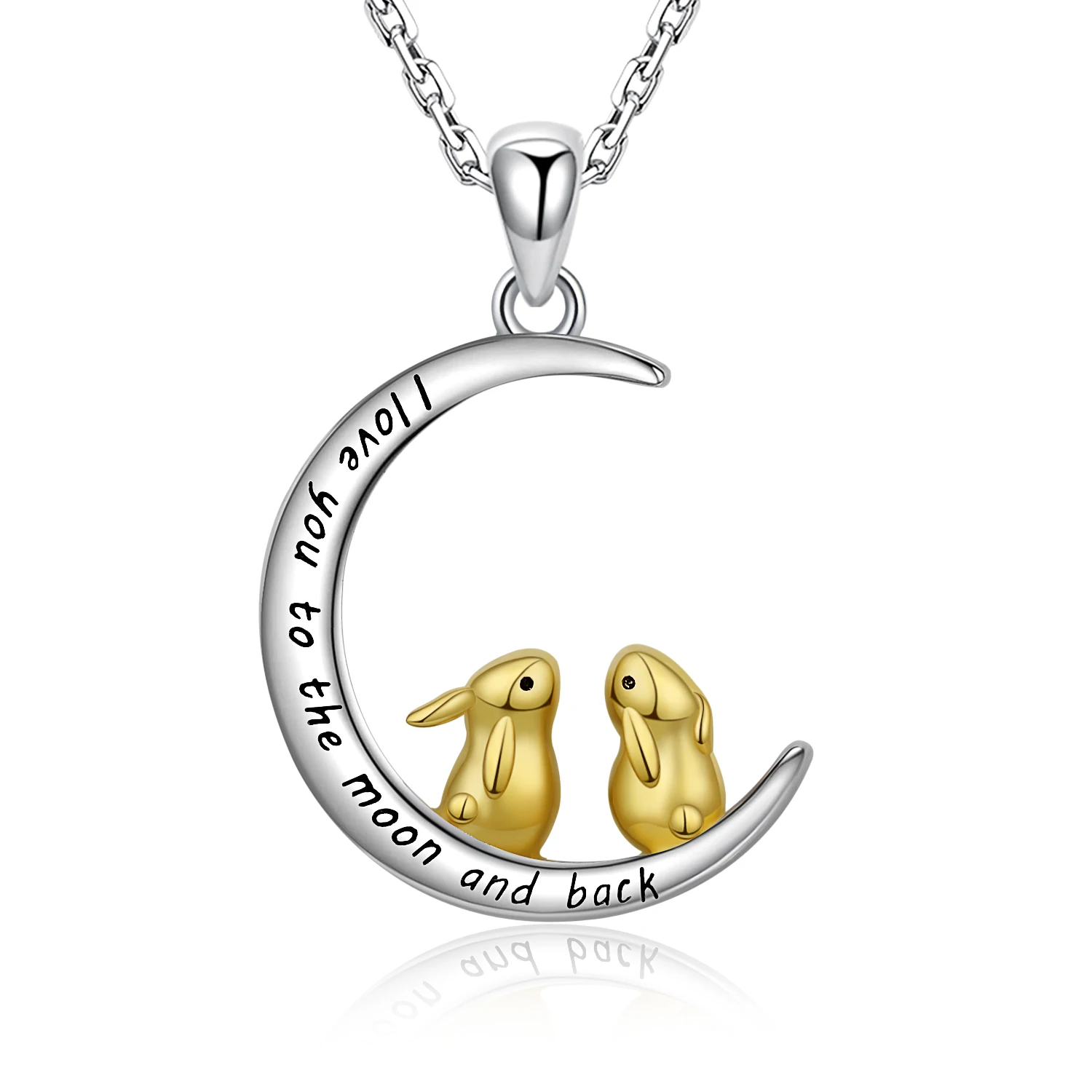 

Double bunny rabbit with moon 925 sterling silver necklace birthday gift for Mon daughter wholesale, As the picture shows