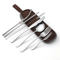 

ABSS-New 9 Pcs/Set Portable Stainless Steel Cutlery Set Knife Fork Spoon Straw With Cloth Pack Kitchen Dinnerware Tableware