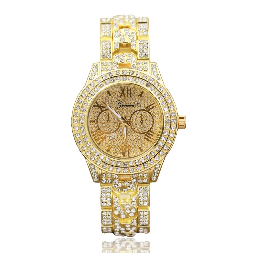 

New Geneva Roman full diamond eyes alloy watch diamond steel band quartz watch for men and women, 3 colors