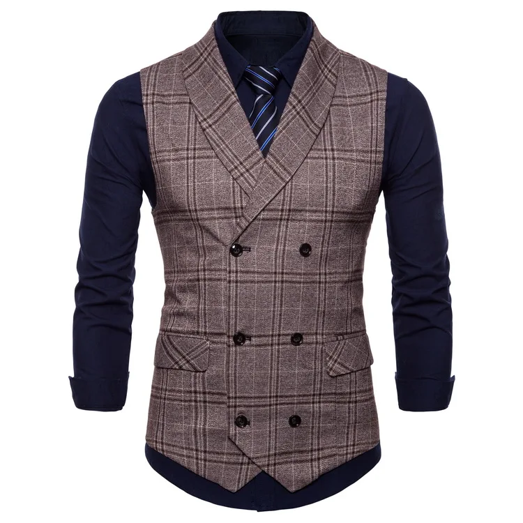 

Men's Plaid Tweed Suit Vest Double-Breasted Casual Waistcoat Shawl Lapel Business Suit Vest