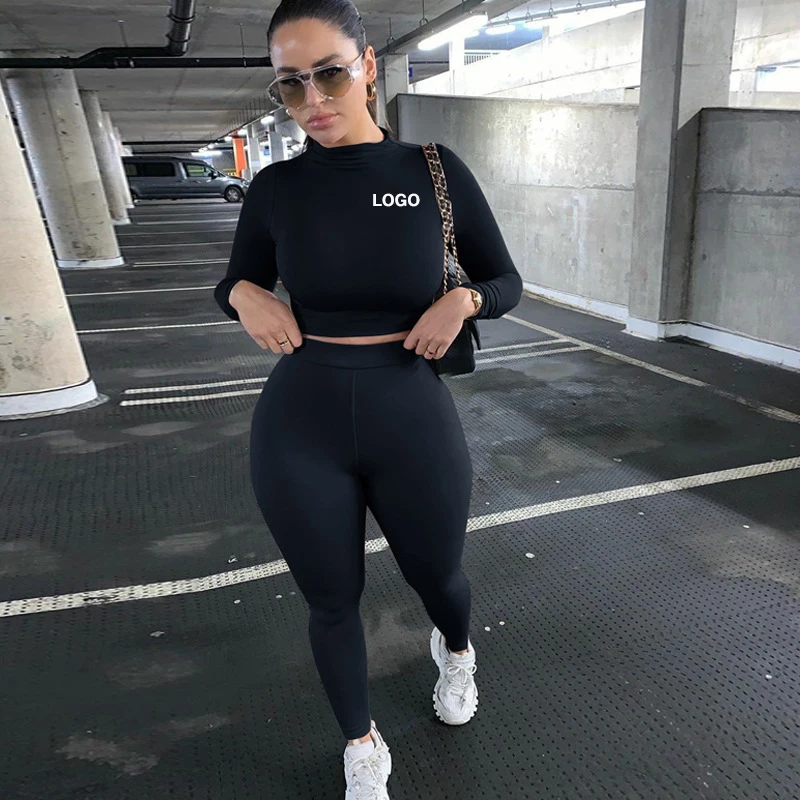 

2021 Custom women long sleeve crop tops 2 two piece fitness yoga pants leggings set women, 13 colors